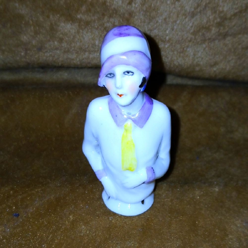 Vintage Flapper Era Porcelain Figurine with Purple and Yellow Accents